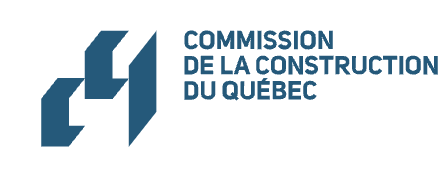 The image shows a logo consists of a geometric design on the left side, which appears to be an abstract representation of construction elements, and the text 'COMMISSION DE LA CONSTRUCTION DU QUÉBEC' on the right side in blue capital letters.