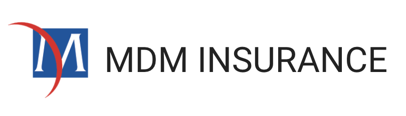 The logo for 'MDM INSURANCE' features a blue square with a white capital letter 'M' inside it. A red curved line intersects the blue square. To the right of the blue square, the text 'MDM INSURANCE' is written in black capital letters.